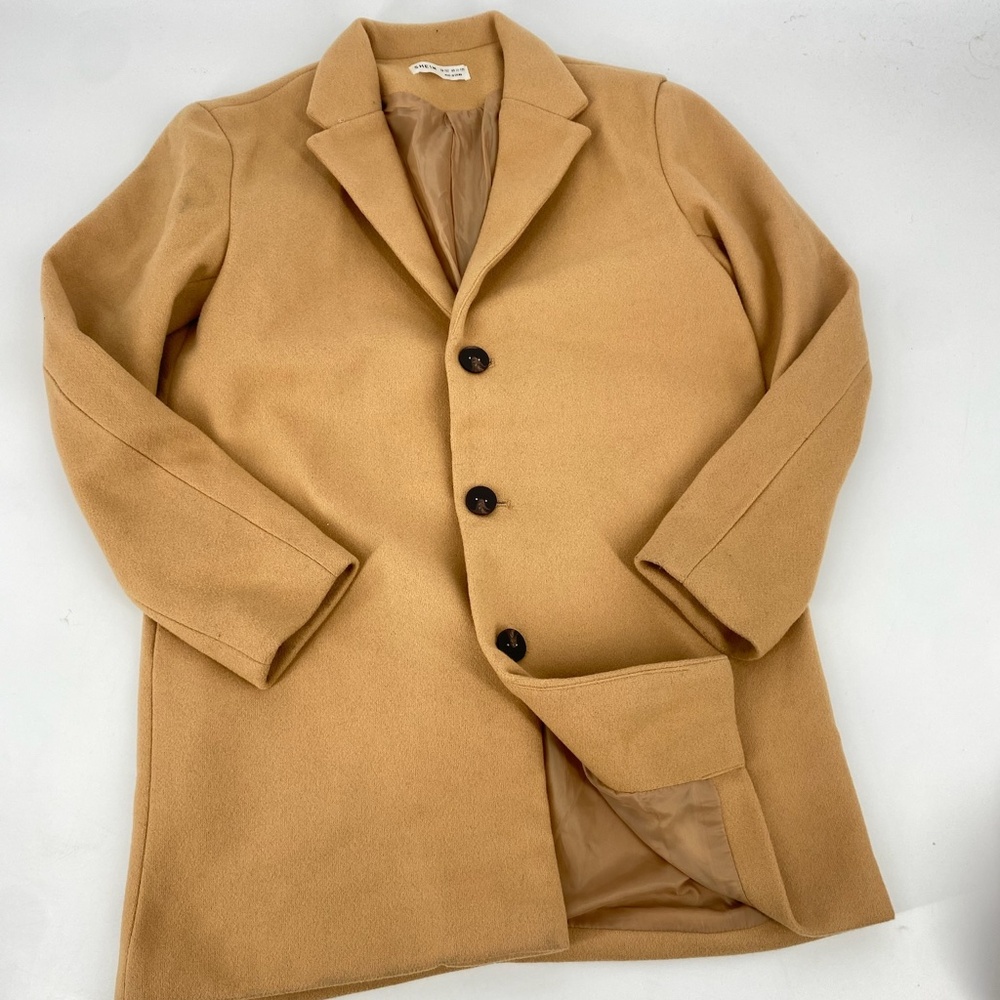Pre-Owned Camel Tan Long Coat, Size US 11-12Y – 100% Polyester, Gently Used